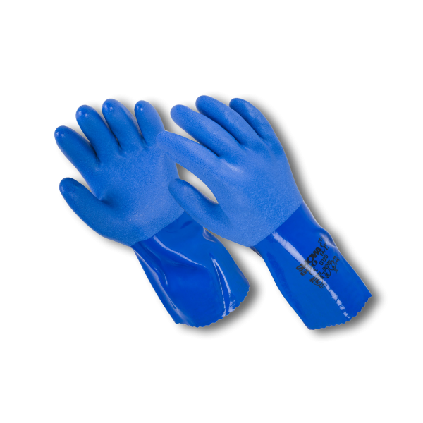 Showa 660, Länge: 300 - 360 mm, Farbe: Blau, Material: Baumwolle, nahtloses Strickgewebe, Beschichtung: PVC, Griffigkeit: Rau, ergonomische Gestaltung, schweißaufsaugend für mehr Komfort, flexibel und weich, PVC schützt die Hand sicher gegen Chemikalien, 